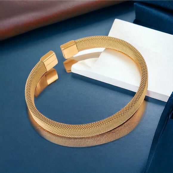 NEW 18K yellow gold mesh open cuff bracelet bangle adjustable jewelry B25A - Picture 6 of 8